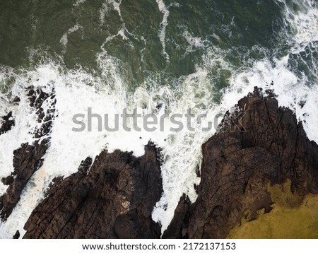 Shot from the air. Hilly, overgrown with green moss, ocean shore. Water surface with white foamy waves. Nature, geology, botany, ecologically clean place, weather. There are no people in the photo.