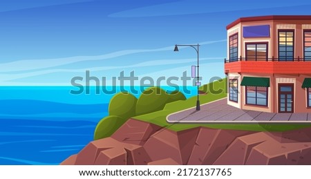 Country house, huge cottage, construction in nature landscape. Building holiday residence pleasant to live and relax. Family house suburban residence. Modern structure on street on rocky seashore