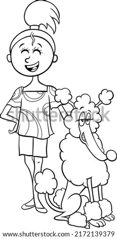 Black and white cartoon illustration of teen girl with poodle dog character coloring page