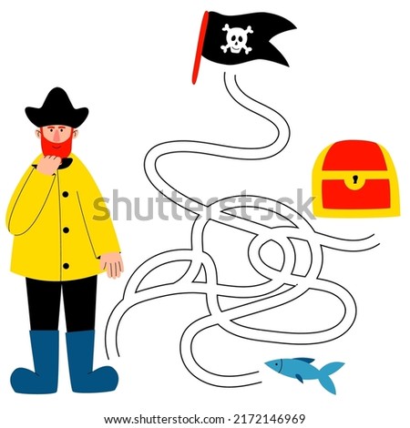 Maze game for children. Cute pirate is looking for a way to a treasure chest, a flag with a skull and a fish. Children's educational game. Vector cartoon illustration.