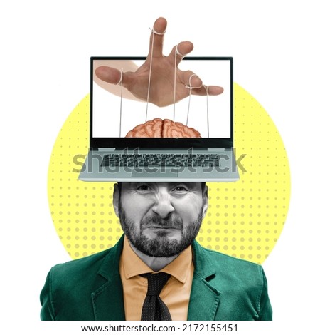 Manipulation of a person with the help of media. Art collage. Royalty-Free Stock Photo #2172155451