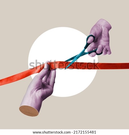 Cutting a red ribbon, art collage. Royalty-Free Stock Photo #2172155481