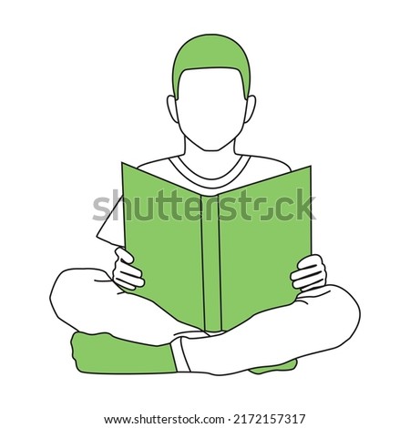 The child is sitting with a book or magazine. Reads or examines pictures. Minimalism. Linart and color.