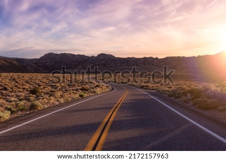 Scenic highway in the mountain landscape. Sunset Sky Art Render. State Route 120, California, United States of America. Adventure Travel Royalty-Free Stock Photo #2172157963