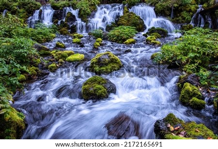 River waterfall on mossy stones. Mossy rocks in river waterfall. Waterfall cascade landscape. River waterfall view Royalty-Free Stock Photo #2172165691