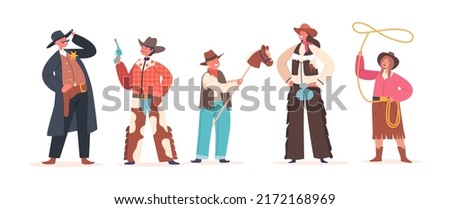 Cowboy Kids Wear Traditional Wild West Costumes and Hats. Boys and Girls Characters Western Personages Isolated on White Background. Festival, Game or Performance. Cartoon People Vector Illustration Royalty-Free Stock Photo #2172168969