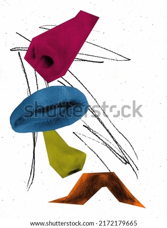 Contemporary art collage. Surreal artwork with human face parts, eyes, nose, moustache isolated over white background. Abstract design. Concept of creativity, imagination, psychedelic, colorful image