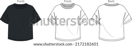 Vector fashion CAD t-shirt in black color, man short sleeved oversized shirt sketch, man crew neck rib top technical drawing, sketch, flat. Jersey male tee with front, back view, white color Royalty-Free Stock Photo #2172182601