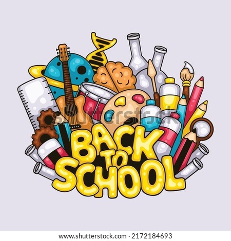Back to school cartoon or doodle artwork with school subjects related items and classroom supplies