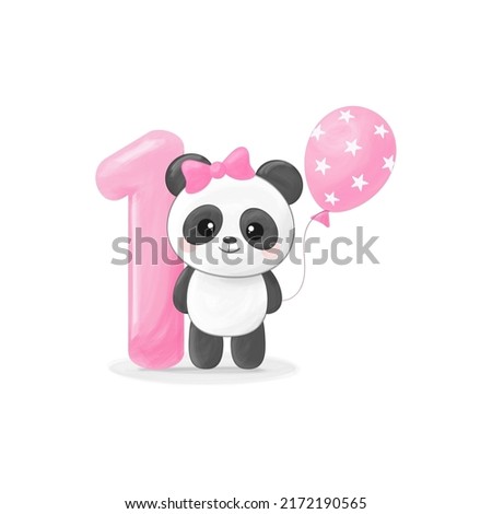 Cute little panda girl with figure one, pink balloon and bow. Happy birthday greeting card. Vector illustration	