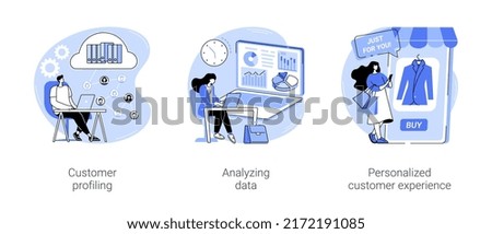 AI in marketing isolated cartoon vector illustrations set. Customer profiling, analyzing big data in CRM system, personalized customer experience, collecting clients data vector cartoon.