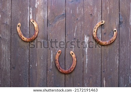 Three horseshoes on an old wooden door