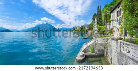 Panoramic view of Lake Como from the Villa Monastero park. Royalty-Free Stock Photo #2172194633