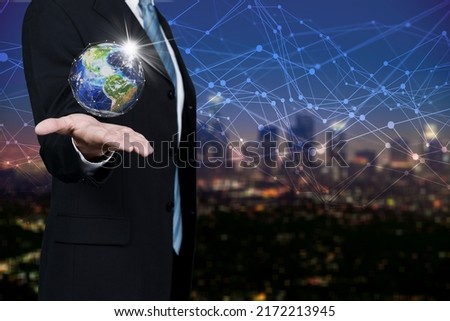 Businessman holding global network connection on social networking and data analytics, Business strategy and smart intelligence, digital marketing