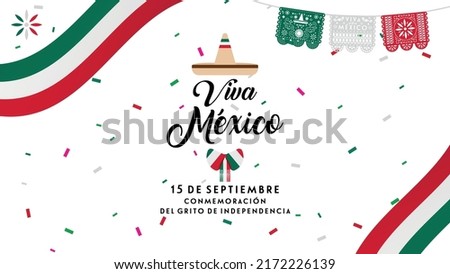 Invitation for the celebration of the independence of Mexico, with decorations of papel picado, hat, confetti, flag and shield of  Mexico in gold color. Viva Mexico.  Royalty-Free Stock Photo #2172226139