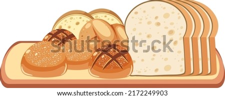 Different types of breads on wooden tray illustration