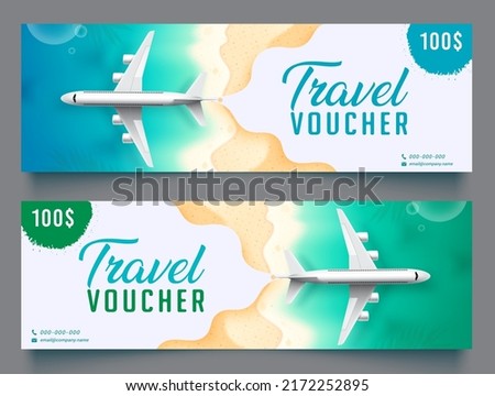 Travel voucher vector banner set. Travel voucher collection text with airplane flight element for gift check coupon advertisement promo design. Vector illustration.
 Royalty-Free Stock Photo #2172252895