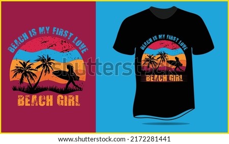 Summer beach t-shirt design template with the element surfing girl, palm tree, flying birds and wave and this t-shirt design is specially for girls and women. 