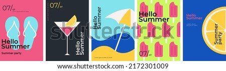 Summer. Set of vector Summer posters. Ice cream, orange, beach umbrella, flip flops and a cocktail . Abstract vector background patterns. Perfect background for posters, cover art, flyer, banner. Royalty-Free Stock Photo #2172301009
