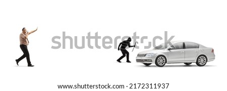 Security officer chasing a thief walking towards a silver car isolated on white background