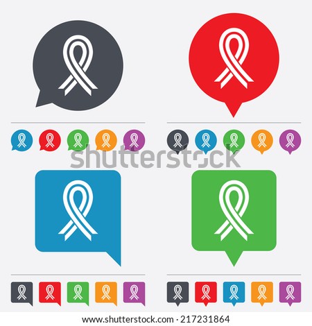Ribbon sign icon. Breast cancer awareness symbol. Speech bubbles information icons. 24 colored buttons. Vector