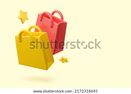 3d shopping bag banner template. Vector render mockup with gift bags and stars. Sale concept Royalty-Free Stock Photo #2172318645