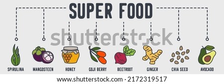 Super Food banner web icon. spirulina, mangosteen, honey, goji berry, beetroot, ginger, chia seed, avocado vector illustration concept. Royalty-Free Stock Photo #2172319517