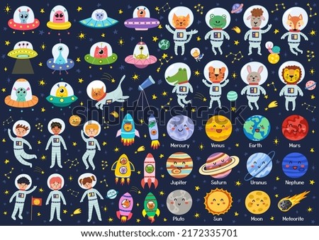 Big space collection with cute characters. Space bundle in cartoon style with planets, kids and animals astronauts on dark background. Aliens in flying saucers clipart set. Vector illustration