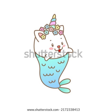 Cute mermaid cat. Cartoon illustration of a little kitten with mermaid tail isolated on a white background. Vector 10 EPS.