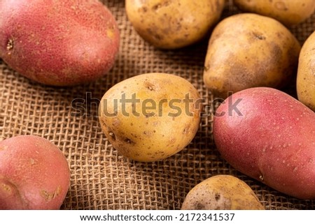Raw whole washed unpeeled organic white and red potatoes on sackcloth. Healthy vegetarian food concept Royalty-Free Stock Photo #2172341537
