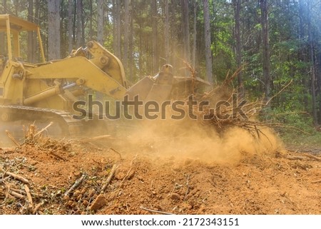 In order to build housing developments, tractors skid steers are used to clear land from roots forestry exploitation Royalty-Free Stock Photo #2172343151
