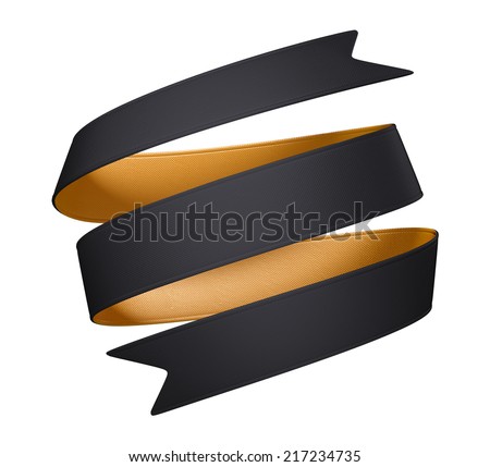 3d black gold ribbon with textile texture, triple tag, design element Isolated on white background