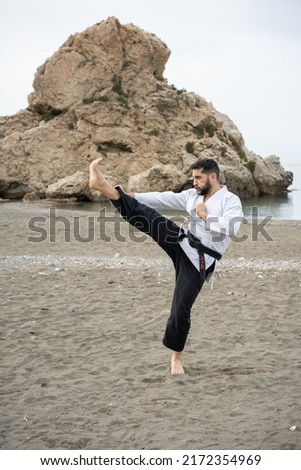 expert martial arts wearing a kimono with the word "Bushido" written in Japanese on his belt, performing a front kick on the beach with a large rock behind him. Royalty-Free Stock Photo #2172354969