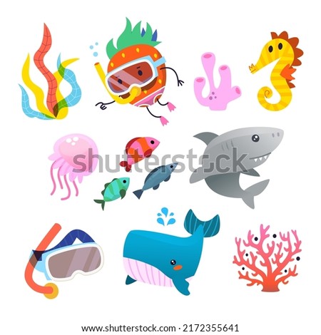 Collection of underwater images. Sea wonders. Animals fish and weed you find at the bottom of ocean. Isolated vector images for stickers, prints, and designs