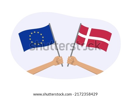 EU and Sweden flags. Swedish and European Union symbols. Hand holding waving flag. Vector illustration.