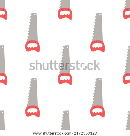 seamless pattern with cartoon handsaw, vector illustration of red hand saws with teeth for repair, cutting tool on white background
