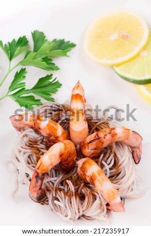 Fresh boiled shrimps with spaghetti. Whole background.
