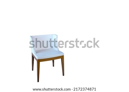White chair with wooden legs on white background.