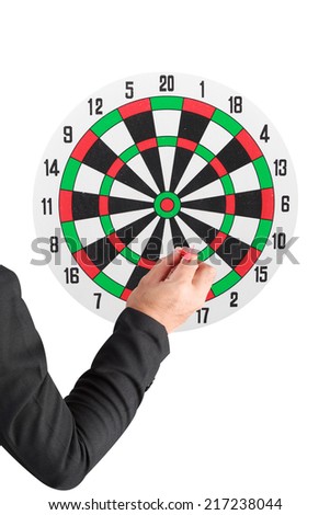 business man throwing darts at dart board isolated on white background with clipping path