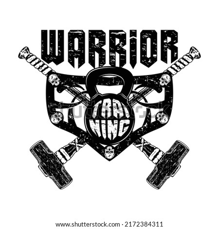 Vector drawing of a kettlebell and a sports sledgehammer. Warrior training. No pain, no gain. Illustrations for t shirt print, textiles. Hand drawn sport logos, badges, labels. Poster.
