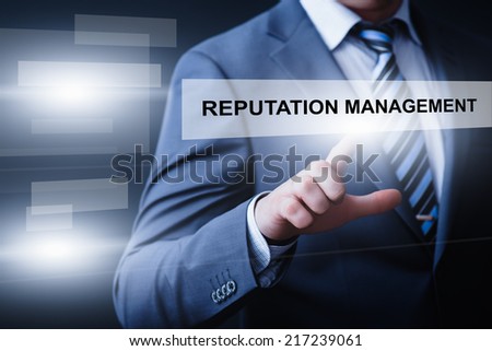 business, technology, internet and networking concept - businessman pressing reputation management button on virtual screens