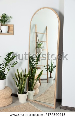 Stylish full length mirror and houseplants near white wall in room Royalty-Free Stock Photo #2172390913