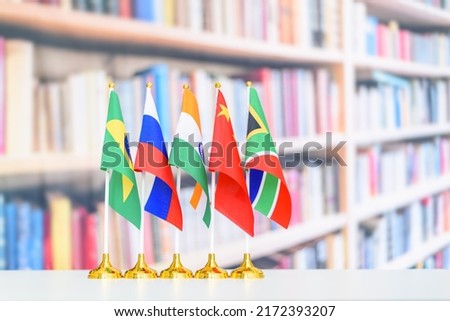 BRICS economy and policies concept : Flags of BRICS or group of five major emerging national economy i.e Brazil, Russia, India, China, South Africa. BRICS members are all leading developing countries.