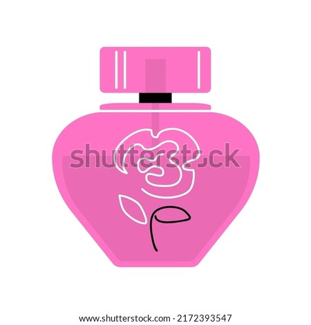 Pink perfume bottle for women. Floral fragrance. Romantic rose scent. Female fashion and beauty. Flat vector illustration isolated on white background