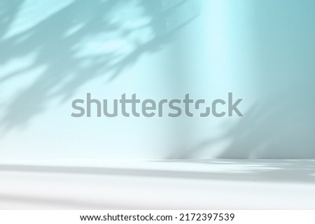 Abstract gradient blue studio background for product presentation. Empty room with shadows of window and flowers and palm leaves . 3d room with copy space. Summer concert. Blurred backdrop. Royalty-Free Stock Photo #2172397539