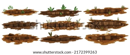 Set of ground holes. Entrances underground, big cracks or ruin. Dirty, dark entrances, detailed drawing in cartoon style. Deep pits with grass and stones. Cartoon dens of wild animal