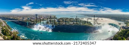Panorama of  aerial view of Canadian side view of Niagara Falls, American Falls and Horseshoe Falls in Niagara Falls, Ontario, Canada Royalty-Free Stock Photo #2172405347
