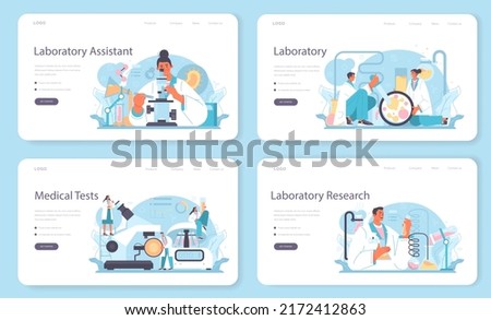 Laboratory assistant web banner or landing page set. Pharmaceutical research, scientist making clinical test. New medicine development. Researcher with microscope. Flat vector illustration Royalty-Free Stock Photo #2172412863