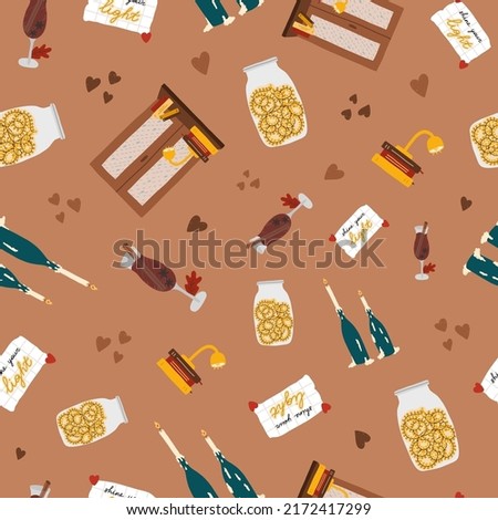 Cozy and hygge vector seamless hand drawn pattern with hygge autumn clip arts of seasonal clothes, food and drinks, decor. Can be used for, wrapping paper, bedclothes, notebook, packages, gift paper.