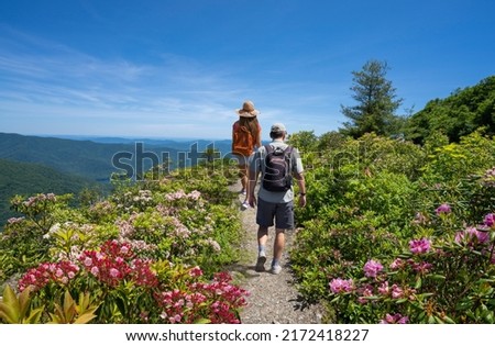 Couple hiking on summer vacation trip. Friends  hiking in the mountains. Milepost. Near Asheville, Blue Ridge Mountains, North Carolina, USA. Royalty-Free Stock Photo #2172418227
